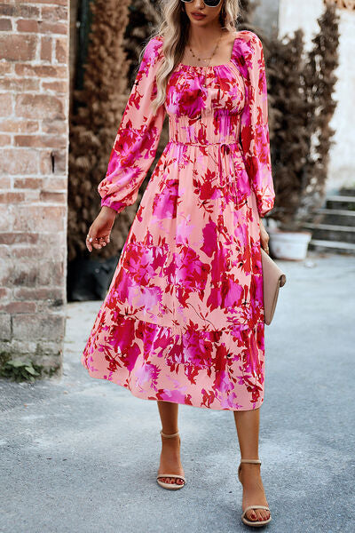 Printed Balloon Sleeve Pocketed Midi Dress |1mrk.com