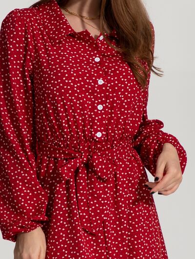 Tied Printed Button Up Balloon Sleeve Dress |1mrk.com