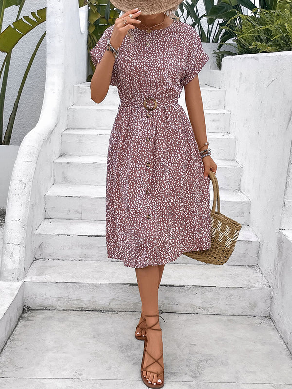 Printed Round Neck Short Sleeve Dress | Trendsi