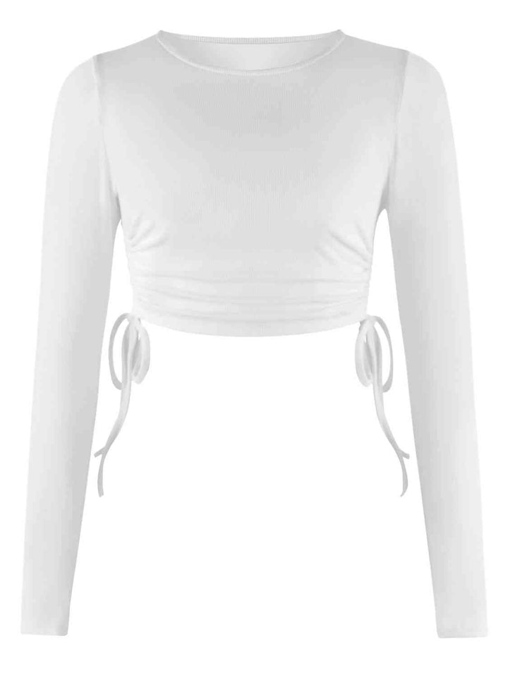 Drawstring Round Neck Long Sleeve Top | 1mrk.com