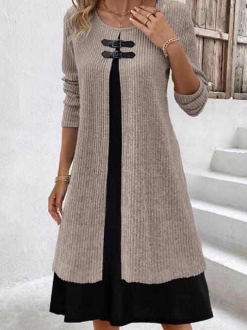 Contrast Ribbed Round Neck Long Sleeve Dress |1mrk.com