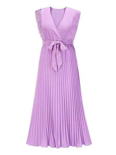 Tied Surplice Cap Sleeve Pleated Dress |1mrk.com