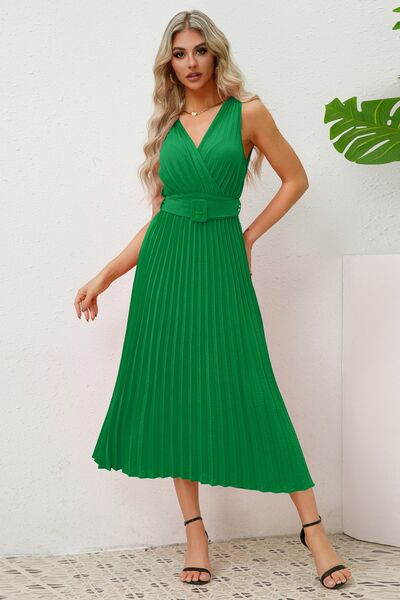 Surplice Sleeveless Midi Pleated Dress |1mrk.com