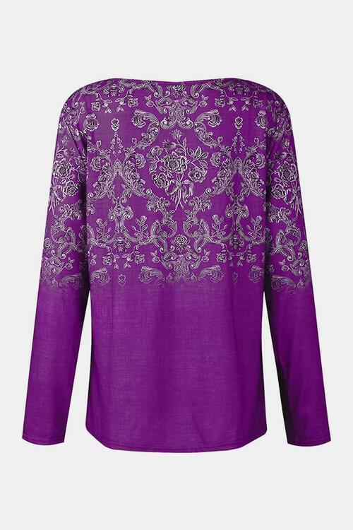 Printed Notched Long Sleeve T-Shirt | 1mrk.com