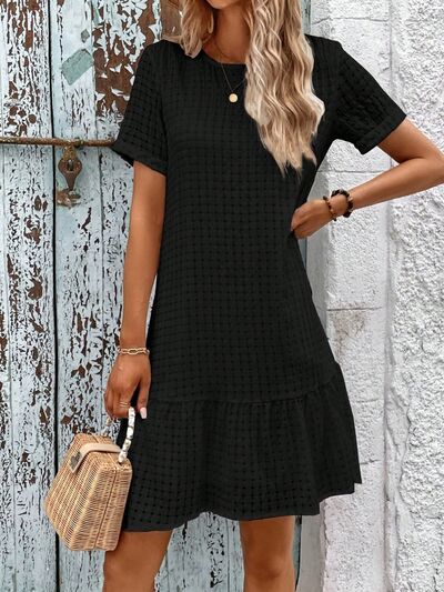 Round Neck Short Sleeve Ruffle Hem Dress |1mrk.com