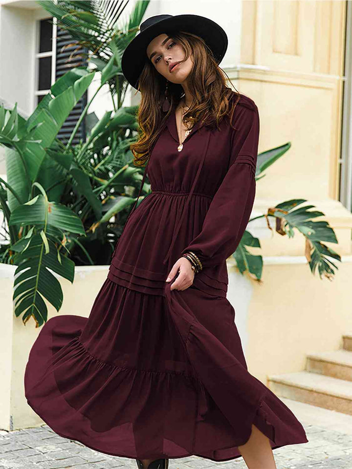 Tie Neck Long Sleeve Midi Tiered Dress | 1mrk.com