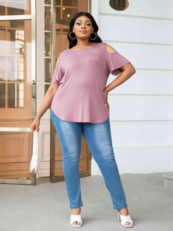 Plus Size Cold-Shoulder Round Neck Curved Hem Tee | 1mrk.com