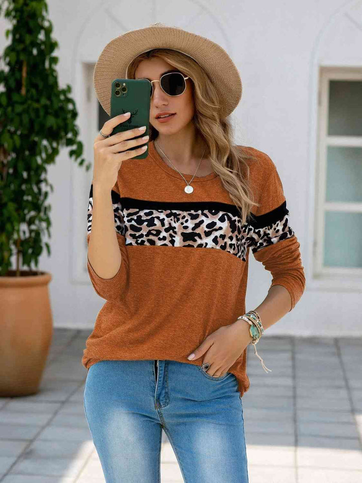 Leopard Round Neck Long Sleeve T-Shirt | 1mrk.com