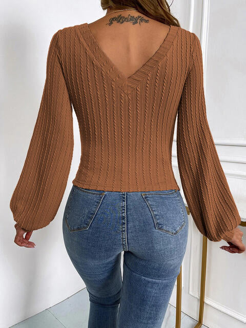 Ribbed V-Neck Lantern Sleeve Top | 1mrk.com