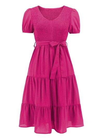 Smocked Tie Front Short Sleeve Tiered Dress |1mrk.com