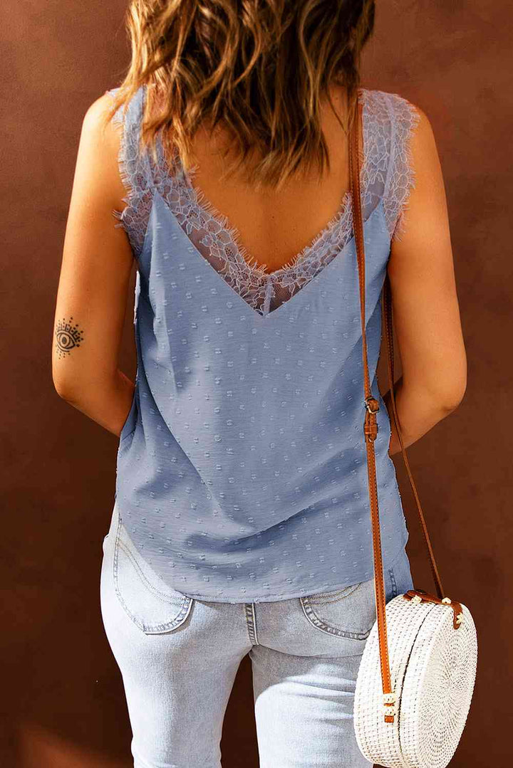 Swiss Dot Lace Trim V-Neck Tank | 1mrk.com