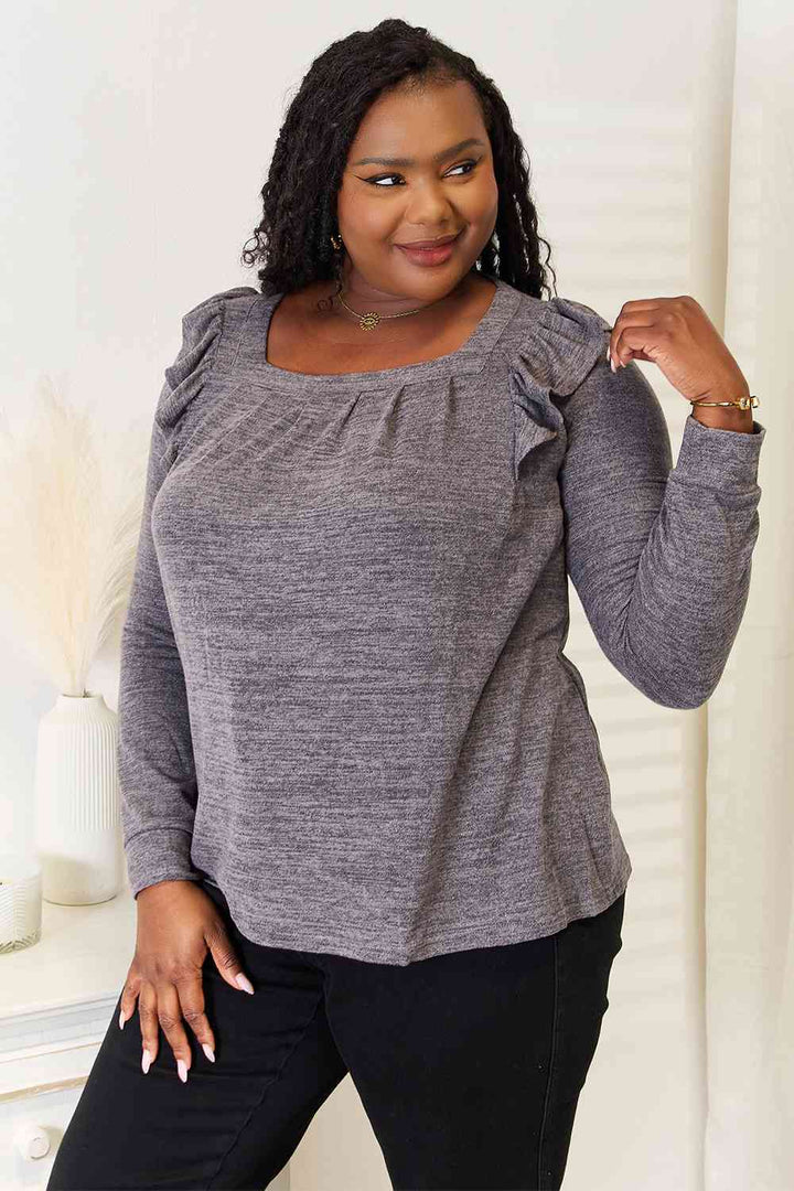 Double Take Square Neck Ruffle Shoulder Long Sleeve T-Shirt | 1mrk.com