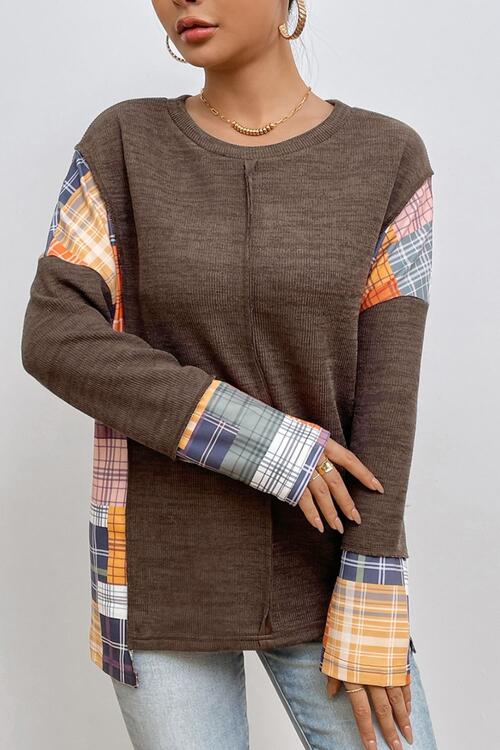 Plaid Exposed Seam Round Neck Sweatshirt |1mrk.com