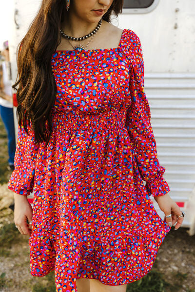 Printed Smocked Flounce Sleeve Dress |1mrk.com