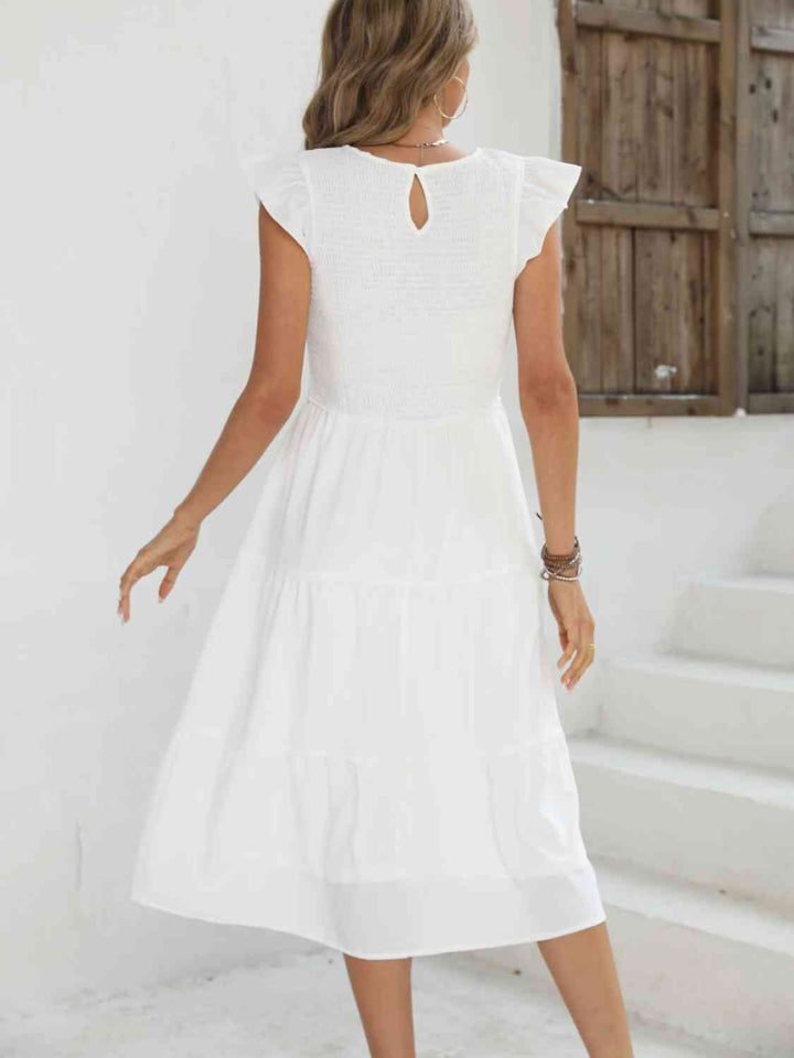 Smocked Round Neck Tiered Dress |1mrk.com