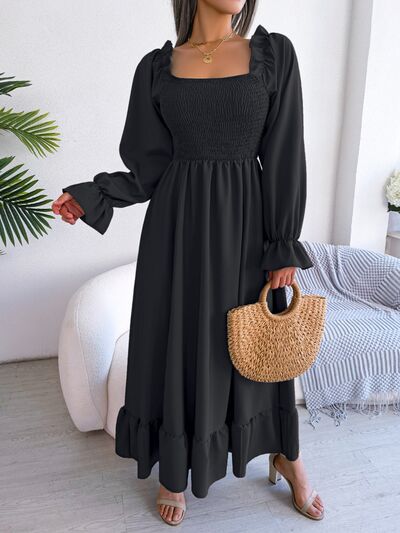 Smocked Square Neck Flounce Sleeve Dress |1mrk.com