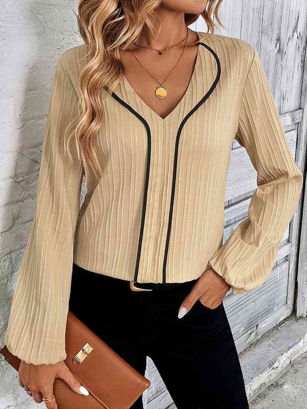 Contrast V-Neck Long Sleeve Blouse | 1mrk.com