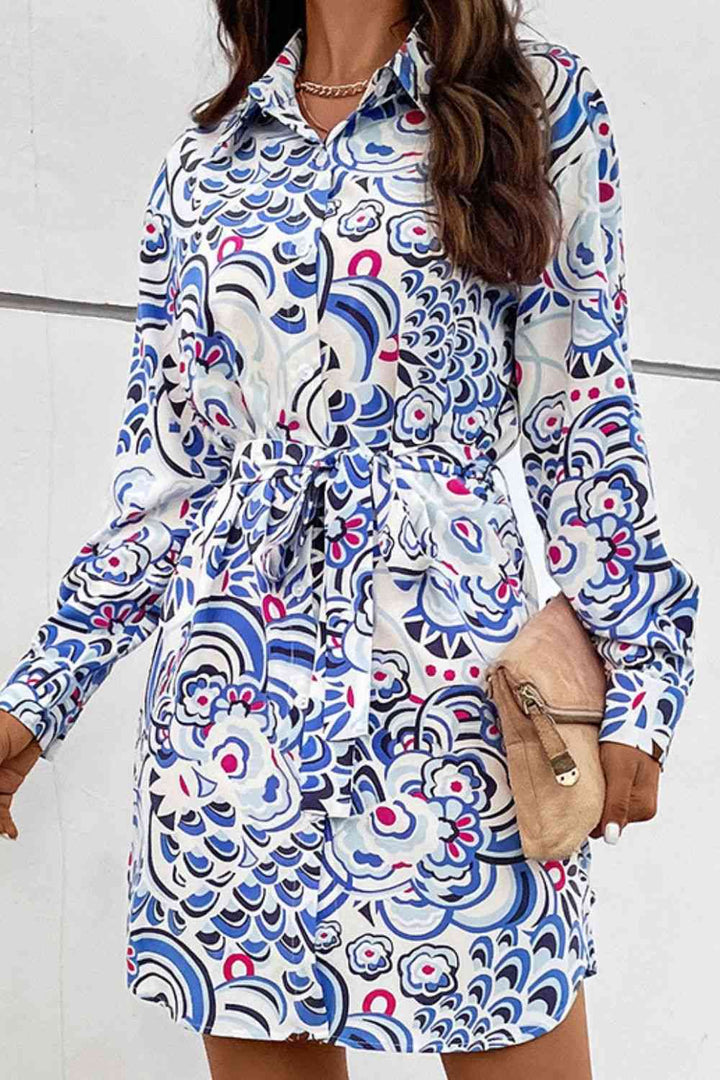 Printed Collared Neck Tie Waist Long Sleeve Dress |1mrk.com