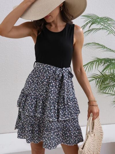 Printed Ruffled Round Neck Layered Dress |1mrk.com