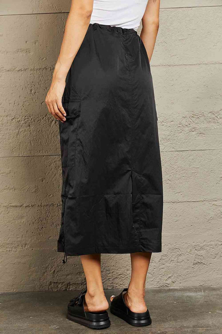 HYFVE Just In Time High Waisted Cargo Midi Skirt in Black |1mrk.com