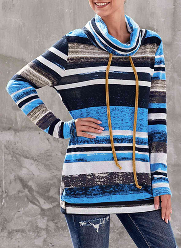 Striped Cowl Neck Tunic Sweatshirt |1mrk.com