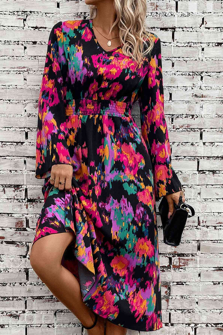 Printed Smocked Waist Midi Dress |1mrk.com