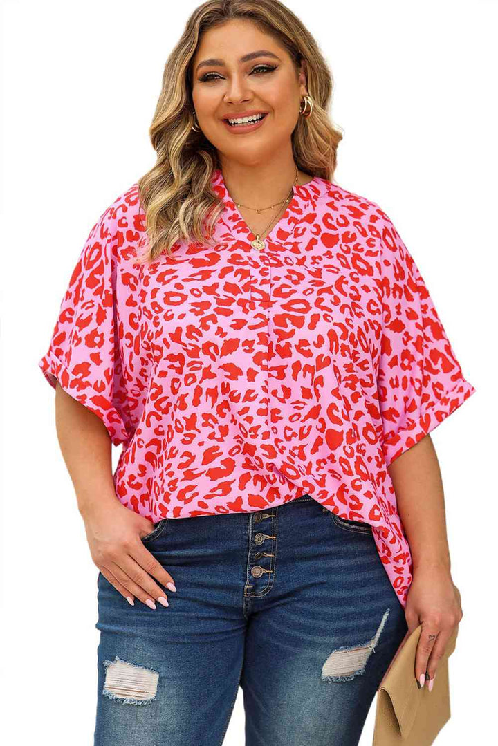 Plus Size Printed Notched Neck Half Sleeve Top | 1mrk.com