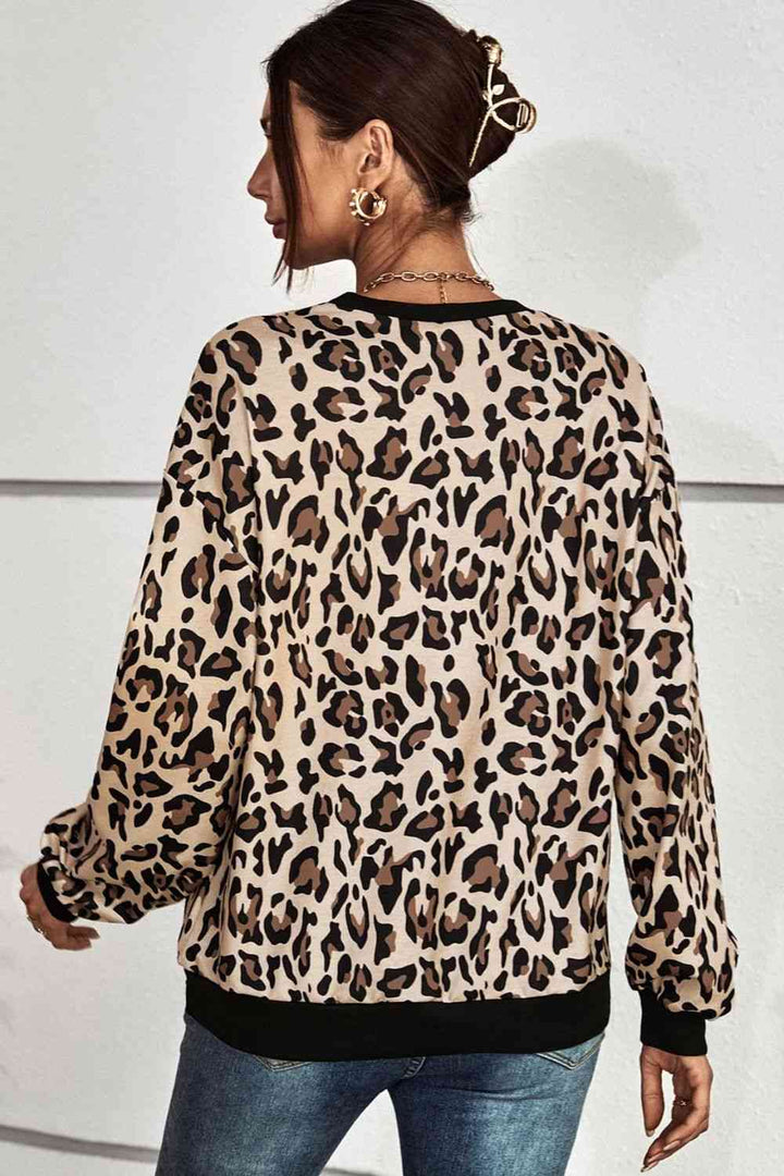 Leopard Round Neck Dropped Shoulder Sweatshirt |1mrk.com