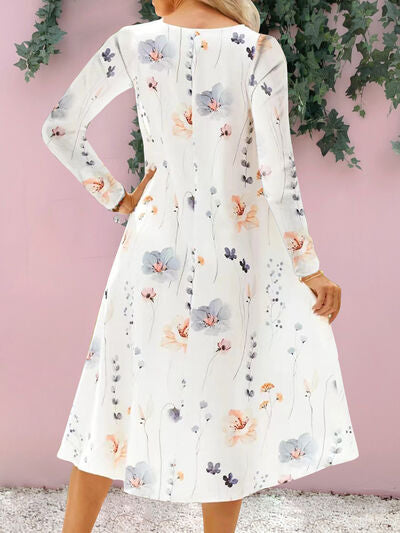 Floral Notched Long Sleeve Midi Dress |1mrk.com