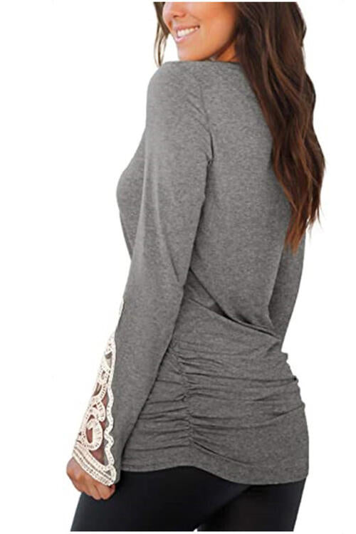 Lace Detail Long Sleeve Round Neck T-Shirt | 1mrk.com