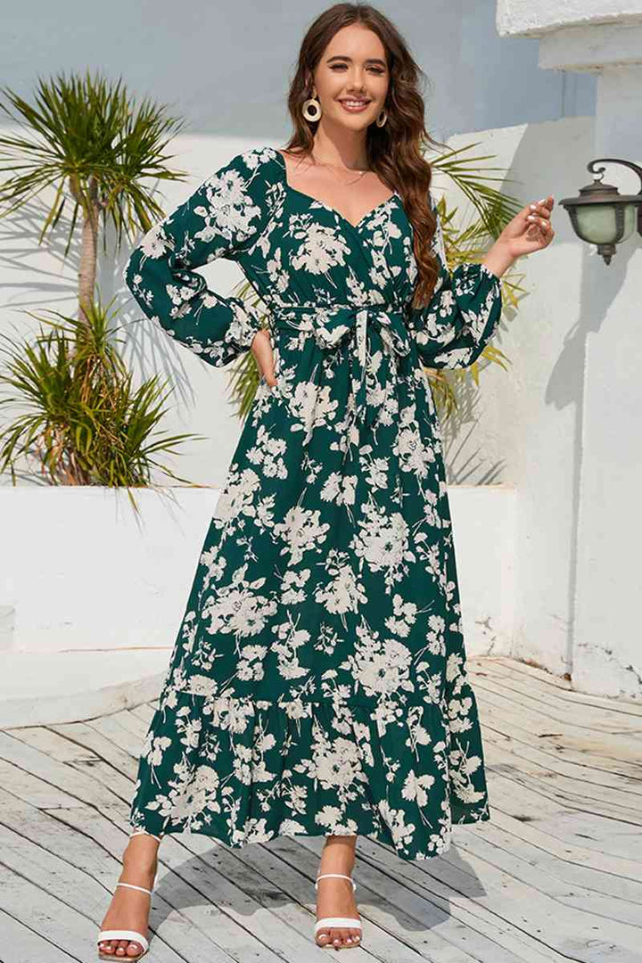 Floral Print V-Neck Long Sleeve Maxi Dress |1mrk.com