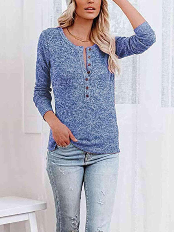 Round Neck Buttoned Long Sleeve T-Shirt | 1mrk.com