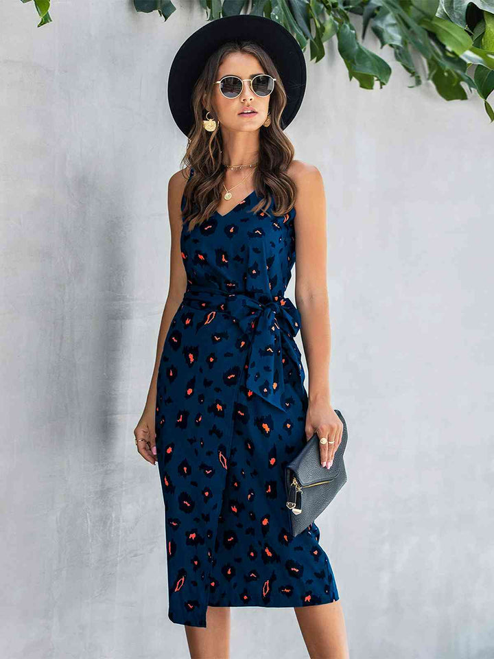 Printed Tie-Waist Spaghetti Strap Dress |1mrk.com