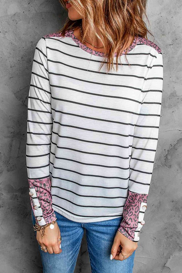 Striped Leopard Round Neck Long Sleeve Tee | 1mrk.com