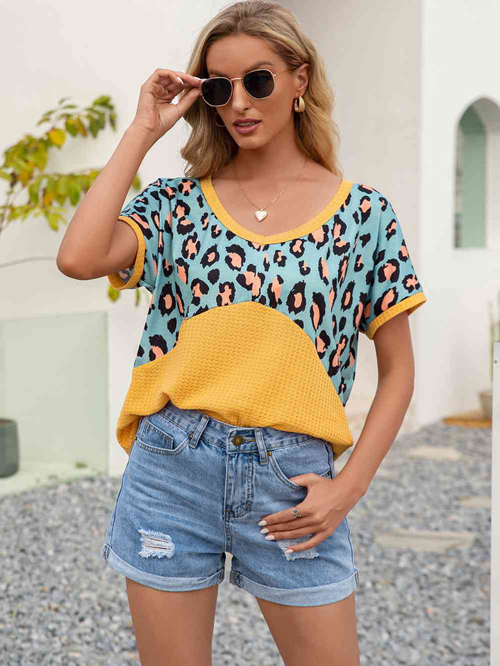 Leopard Waffle-Knit Short Sleeve Top | 1mrk.com