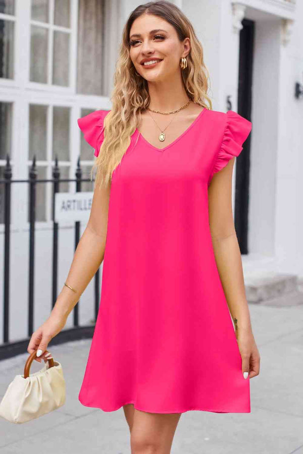 Ruffled V-Neck Flutter Sleeve Dress |1mrk.com