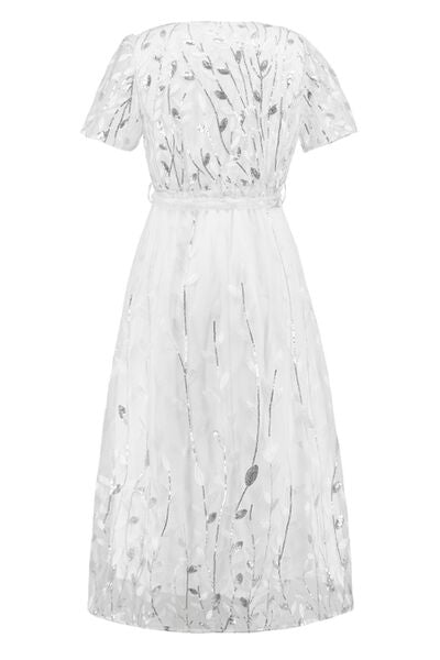 Sequin Leaf Embroidery Tie Front Short Sleeve Dress |1mrk.com