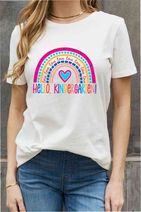 Simply Love Full Size LOVE HELLO KINDERGARTEN Rainbow Graphic Cotton Tee | 1mrk.com