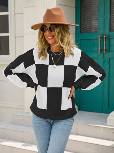 Checkered Round Neck Dropped Shoulder Sweater |1mrk.com