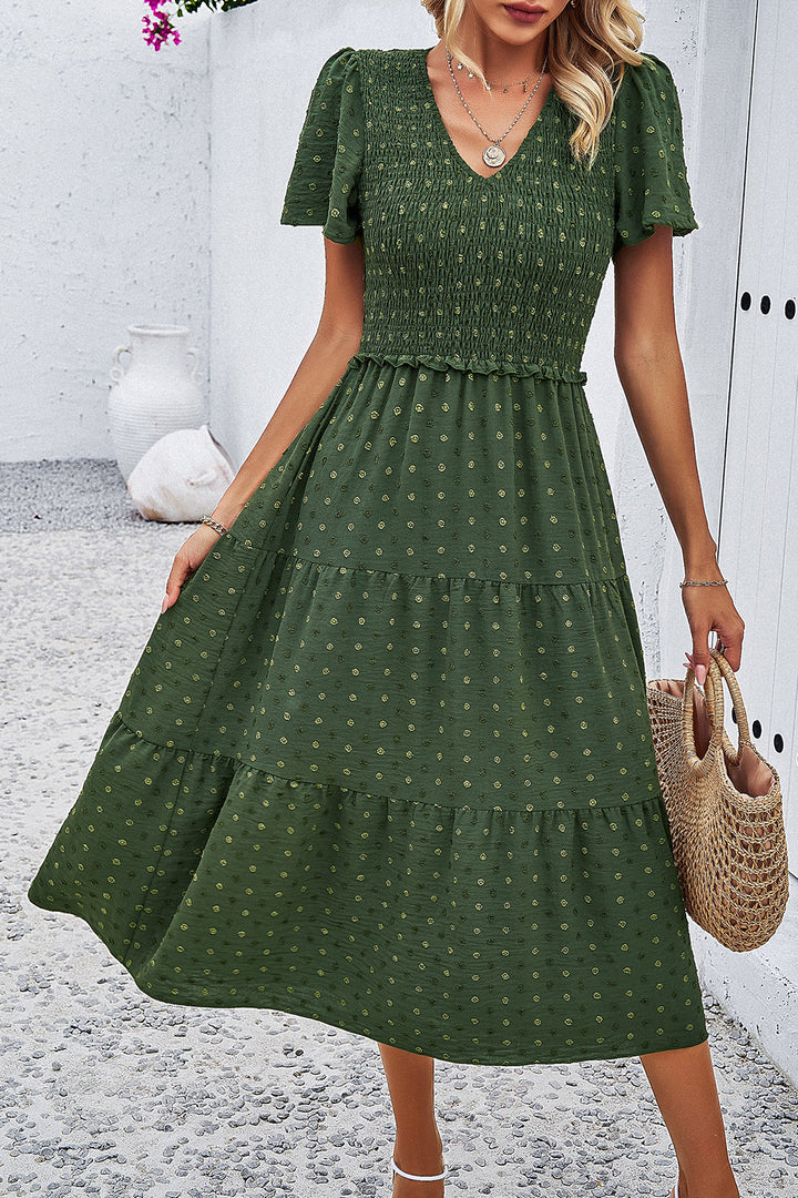 Swiss Dot Short Sleeve Smocked Dress | Trendsi