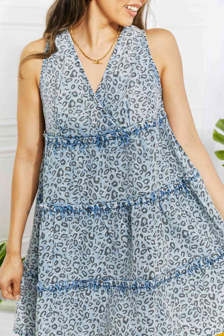 ODDI Full Size Wild One Washed Denim Leopard Dress | 1mrk.com