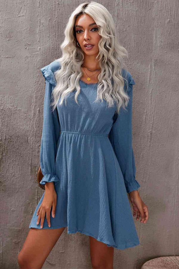 Ruffled V-Neck Flounce Sleeve Textured Dress |1mrk.com