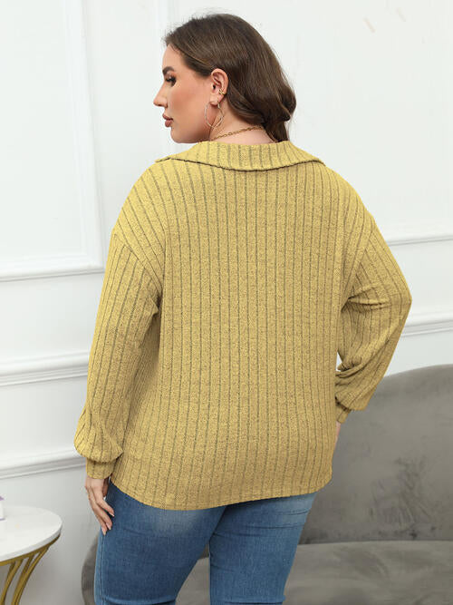 Plus Size Ribbed Collared Neck Long Sleeve Blouse | 1mrk.com