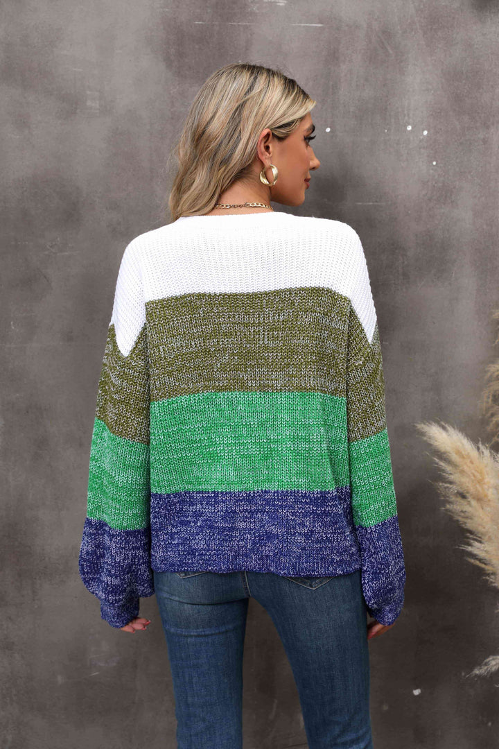 Color Block Round Neck Dropped Shoulder Sweater |1mrk.com