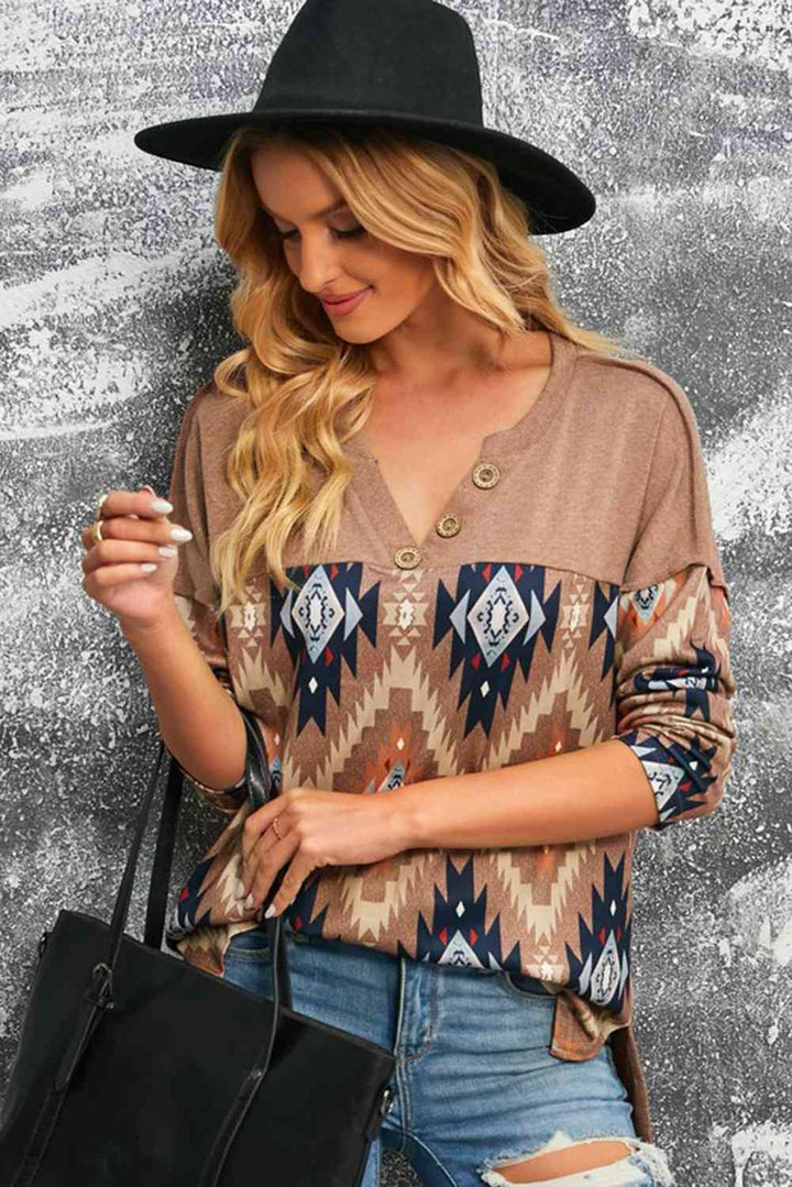 Brown Western Print Buttoned V Neck Top | 1mrk.com