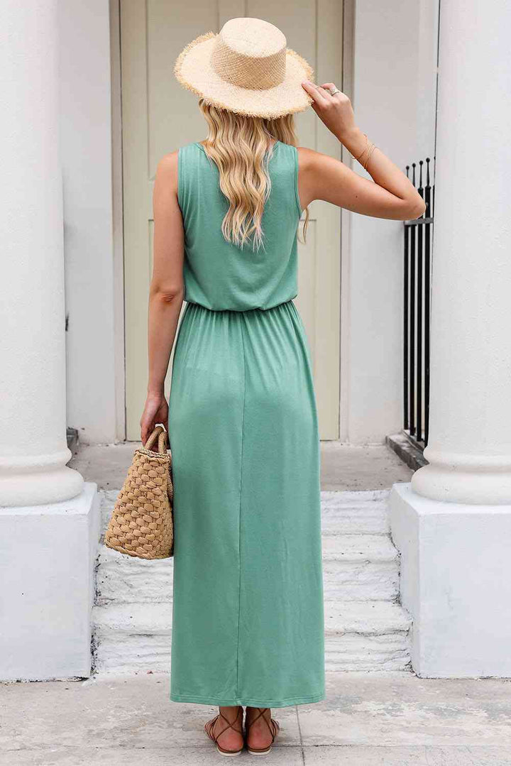 Round Neck Slit Sleeveless Dress with Pockets |1mrk.com