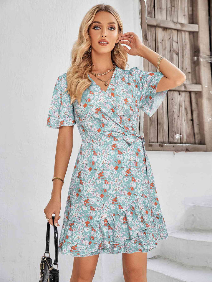 Floral Short Sleeve Ruffle Hem Dress |1mrk.com