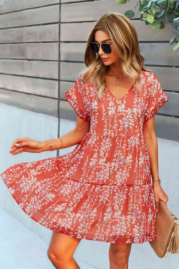 Printed V-Neck Short Sleeve Tiered Dress |1mrk.com