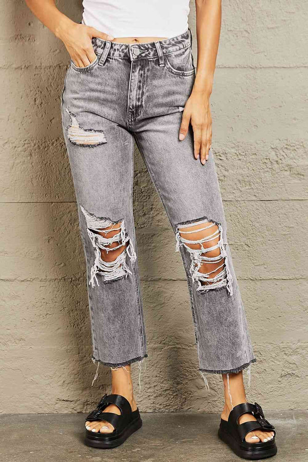 BAYEAS Acid Wash Distressed Cropped Straight Jeans | 1mrk.com
