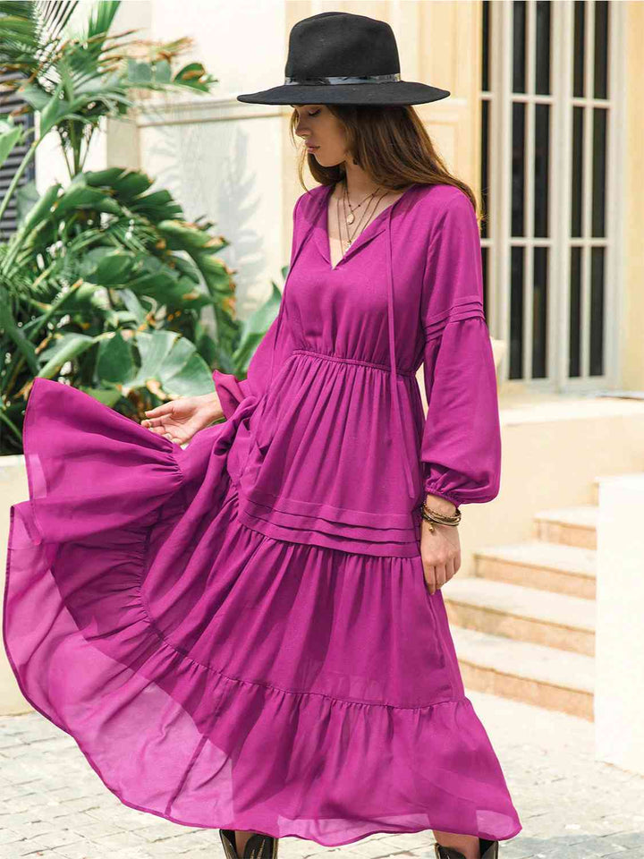 Tie Neck Long Sleeve Midi Tiered Dress | 1mrk.com